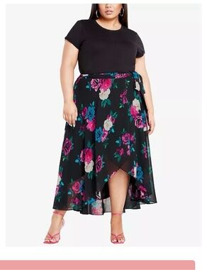 City Chic Michaela Midi Wrap Skirt Black Bright Floral Women’s Size 12 NWT